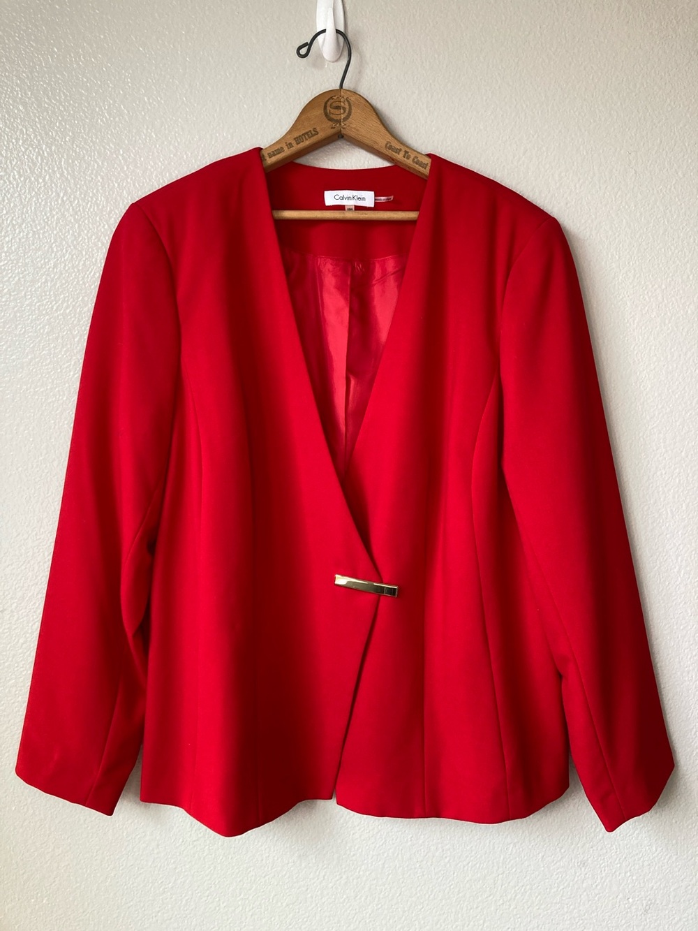 Calvin Klein Bold Red blazer gold bar hardware jacket collarless office sz 16W